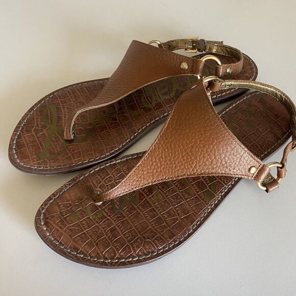 Sam Edelman Greta Leather T-Strap Flat Sandal Thong Ankle Strap Brown 8 - Picture 4 of 7